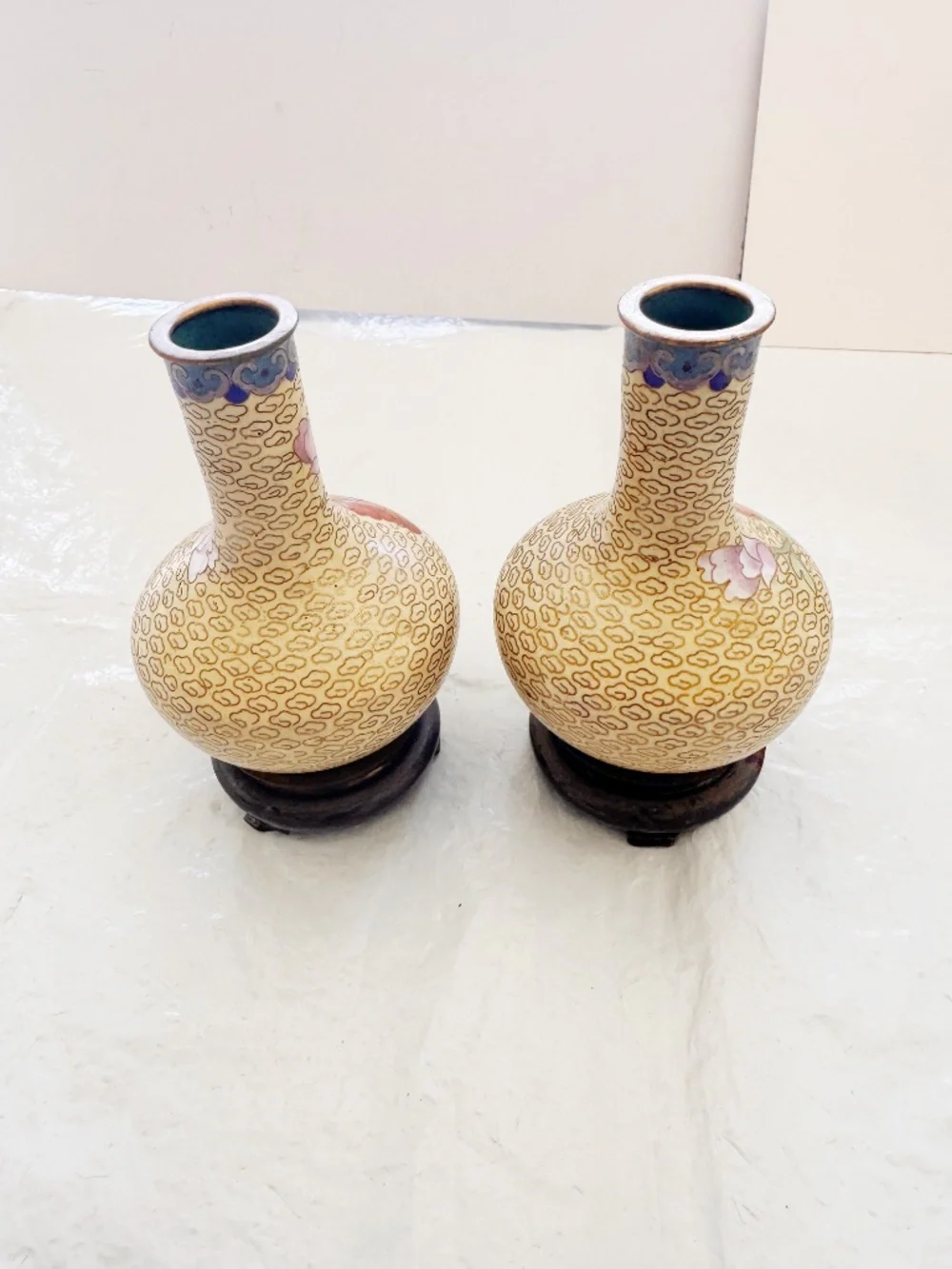 Vintage Pair Chinese Enamel Cloisonne Vases Yellow Floral Pattern & Stands 5